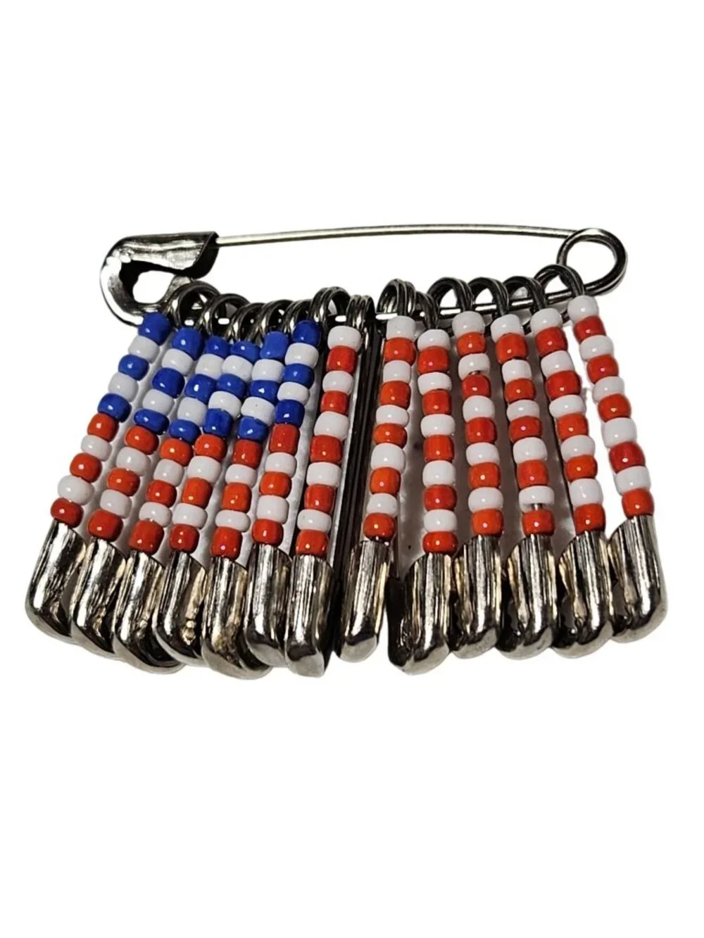 Handmade American Flag Safety Pin Brooch Patriotic Red White Blue Beads Jewelry